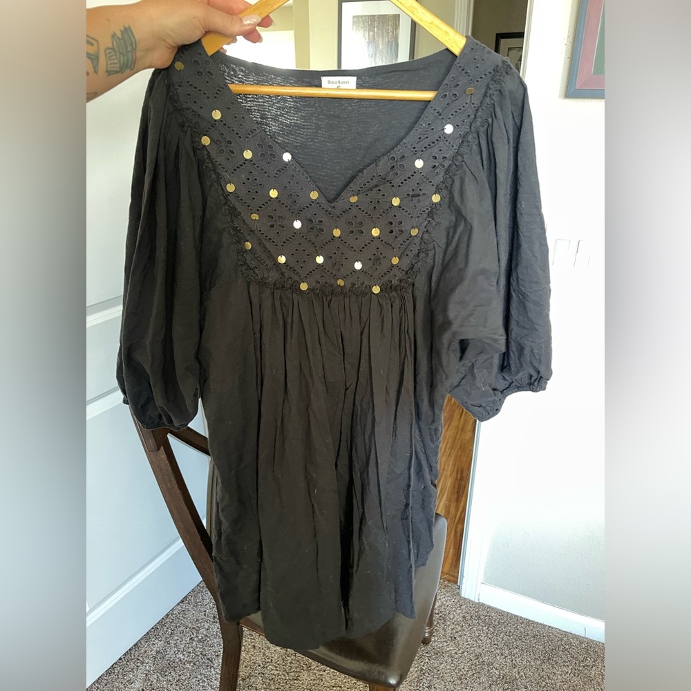 World Market Ballon Sleeved Dress with Embellished Neckline